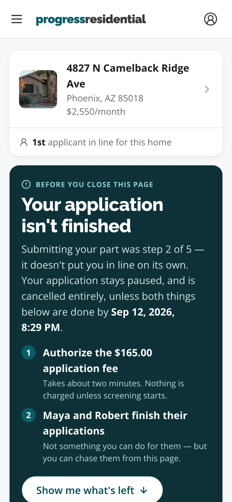 After: the redesigned dashboard saying the application is not finished, what is left, and when it is due