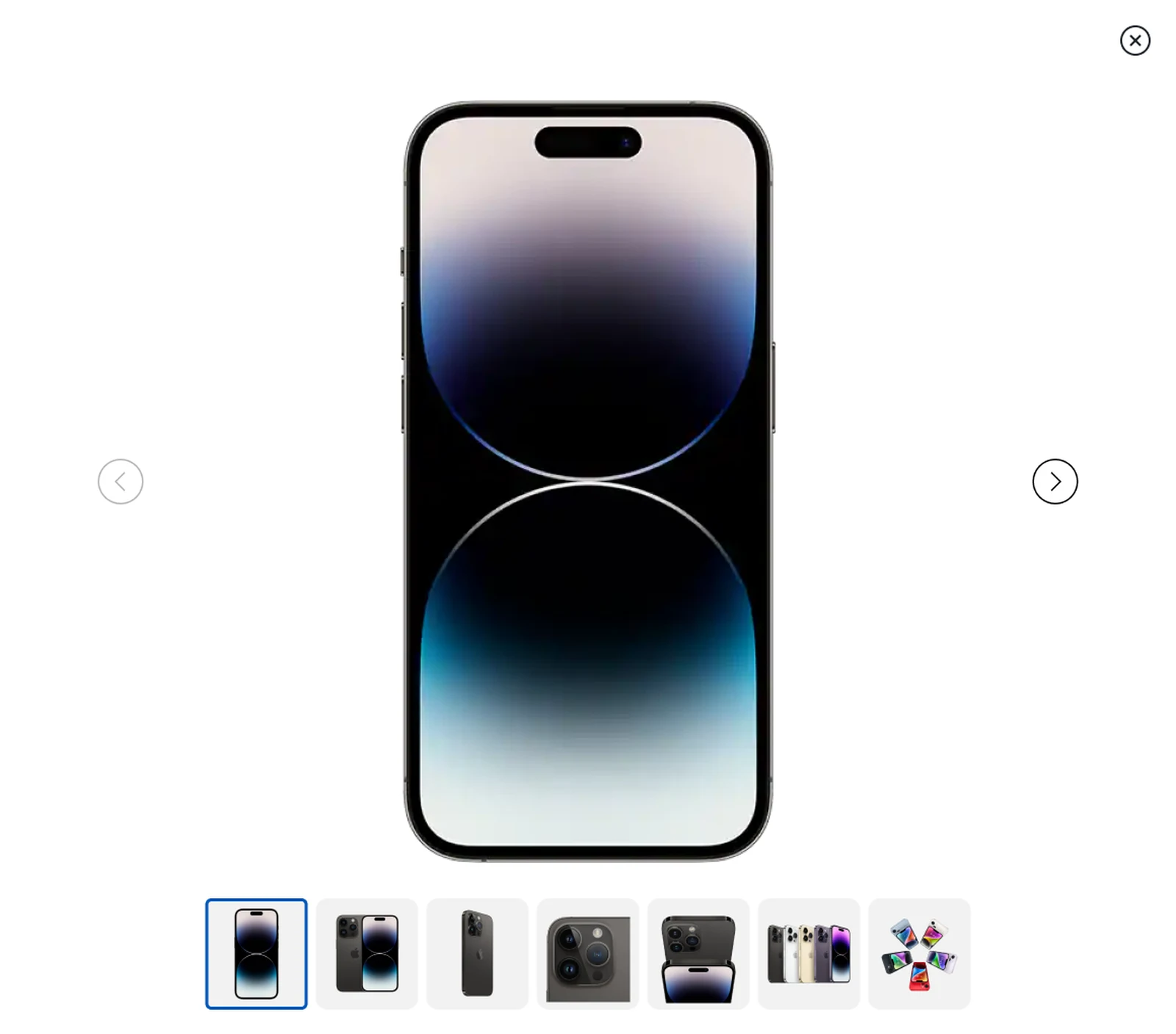 The specified expanded view: the device image enlarged on white with a close button, arrows either side and thumbnails along the bottom