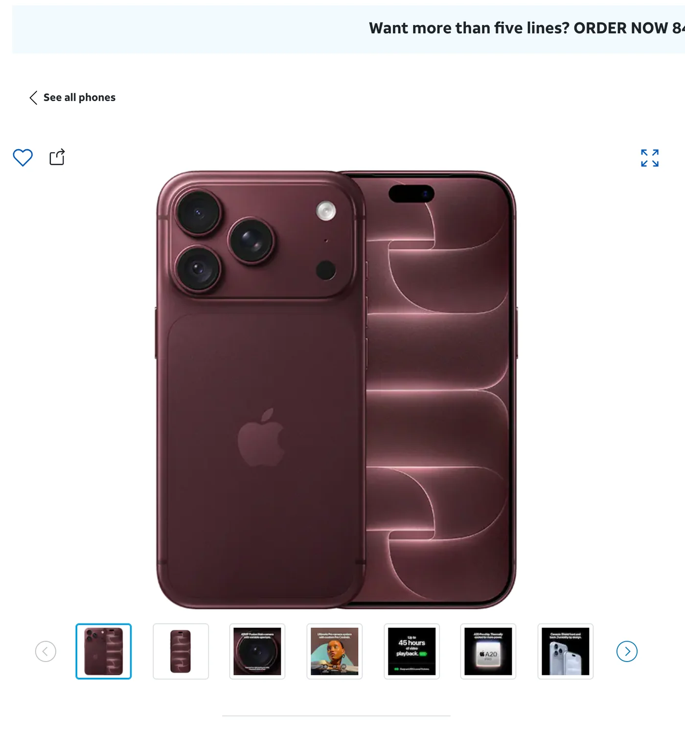 On the AT&T Business site today: the device image with a row of seven thumbnails beneath it and chevrons at each end