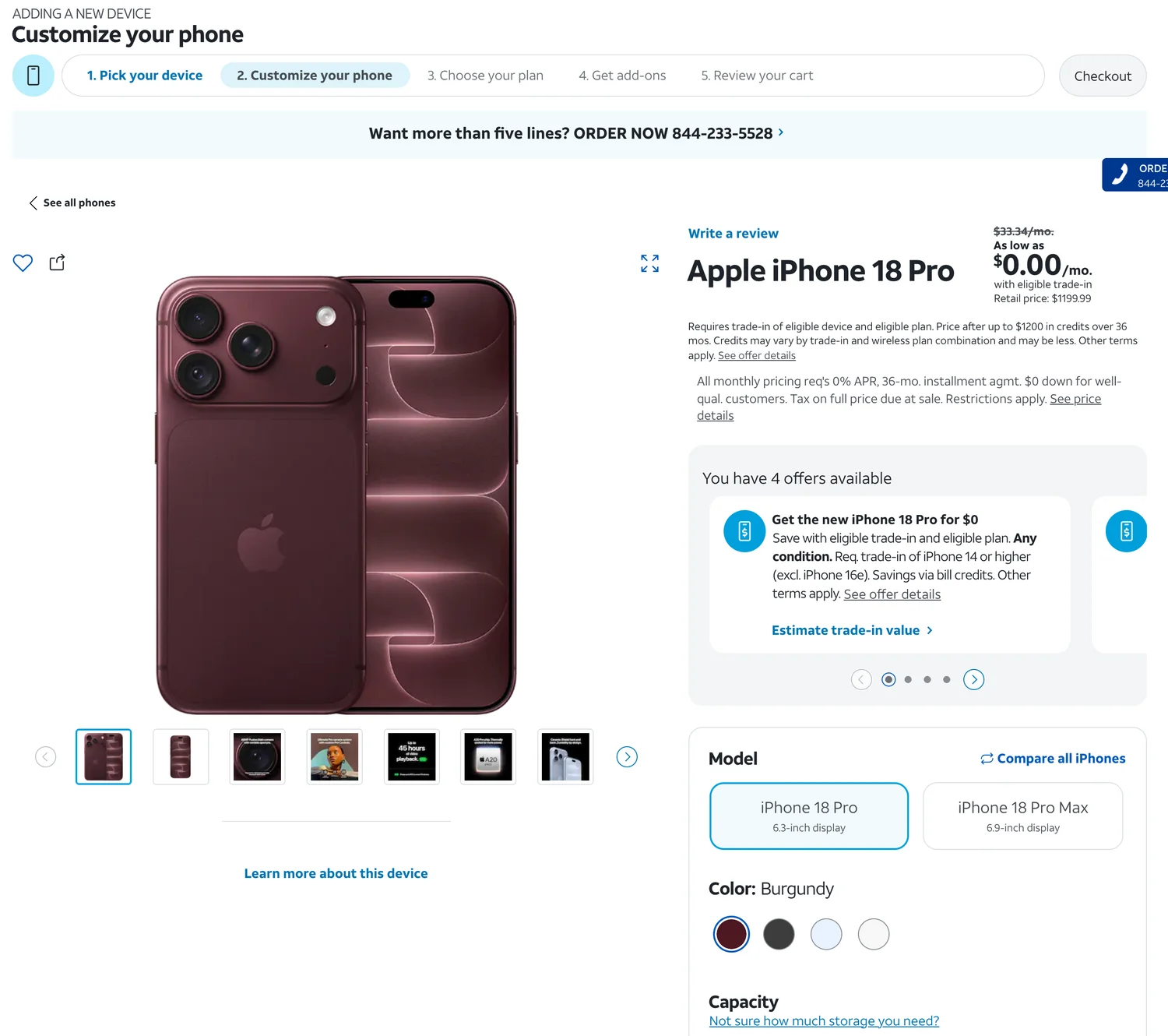 The Customize your phone step on the AT&T Business site: a large device image with seven thumbnails beneath it, and a configure panel showing Color: Burgundy with four ringed swatches