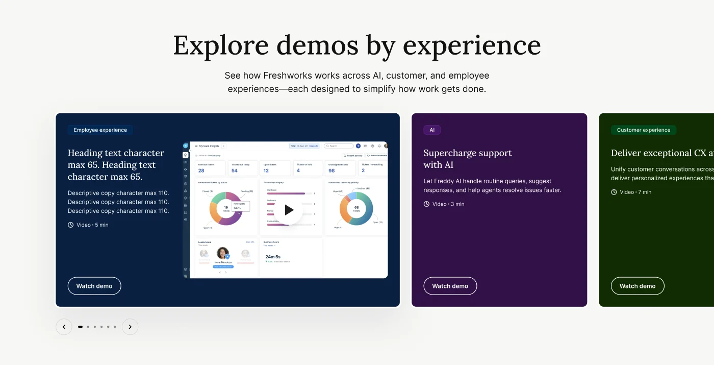 Direction A: a carousel of demo cards you page through