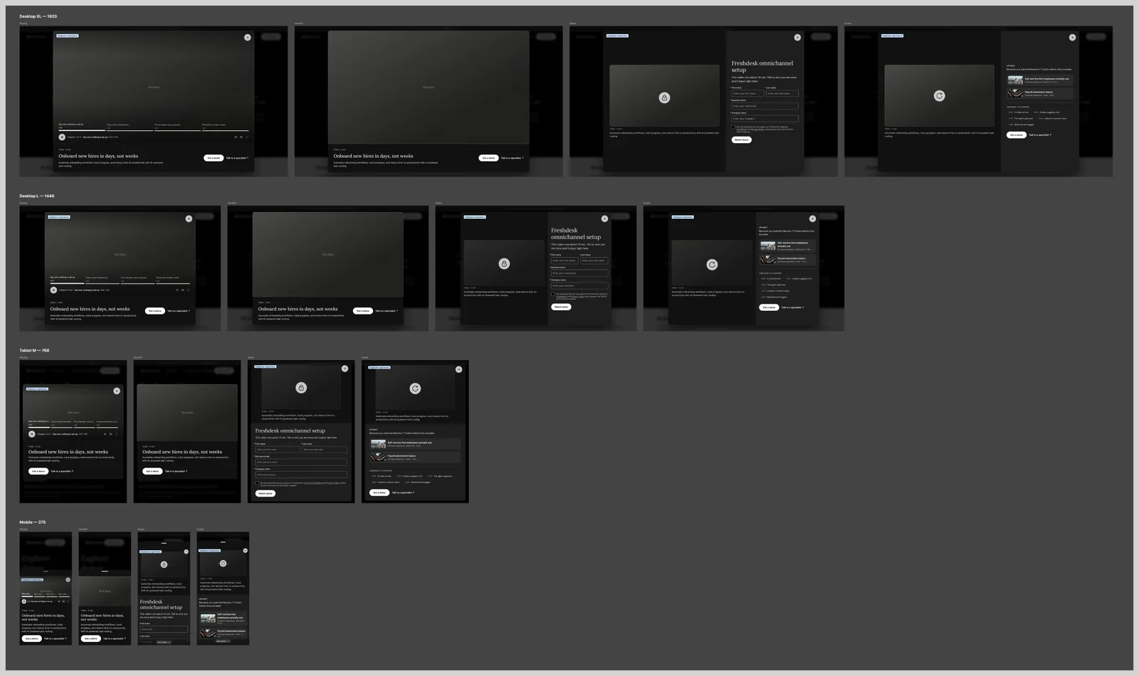 The video player playing, handing off, locked and ended, at each width