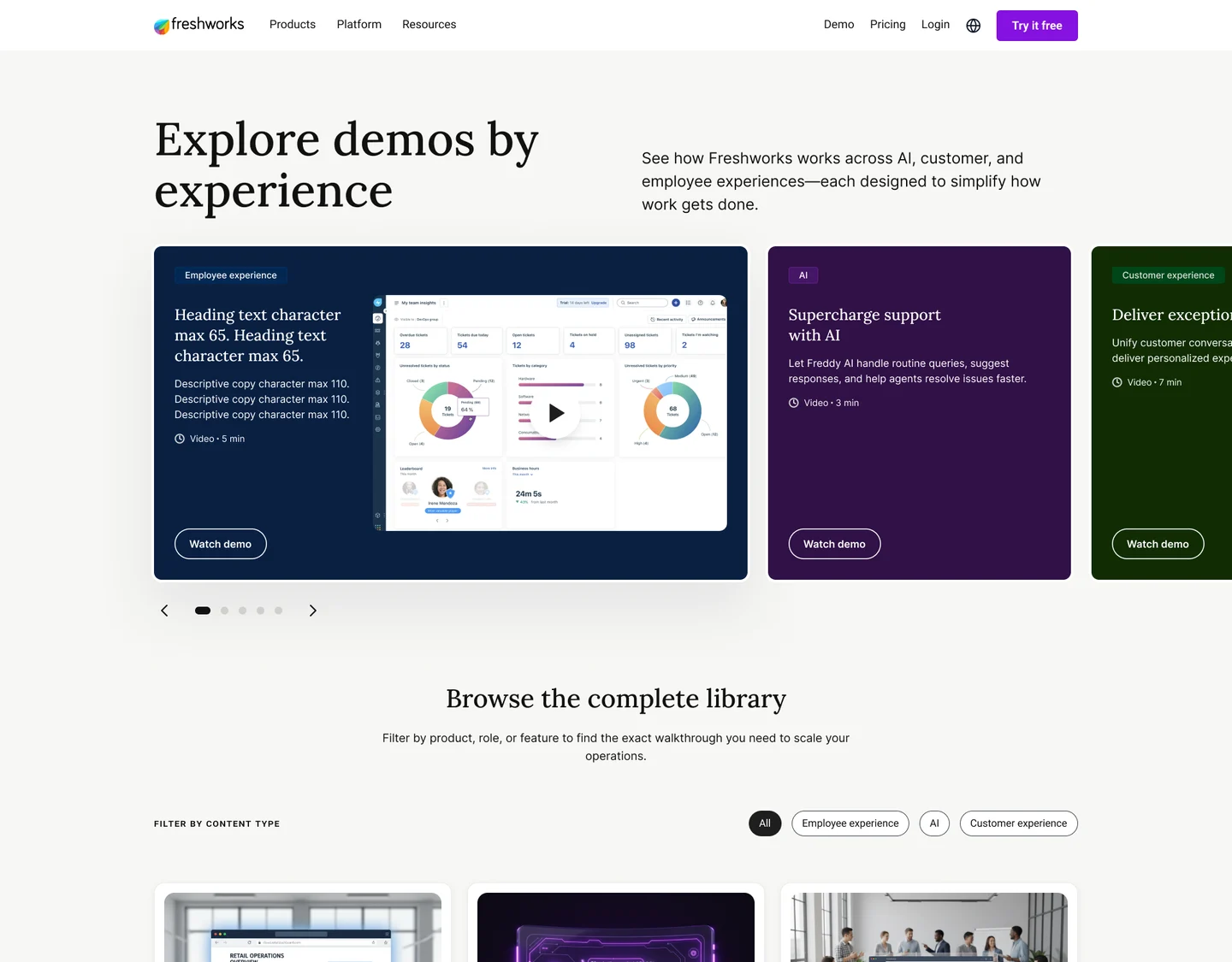 My first redesign: a large serif heading, a carousel of colour-blocked demo cards and a filterable library