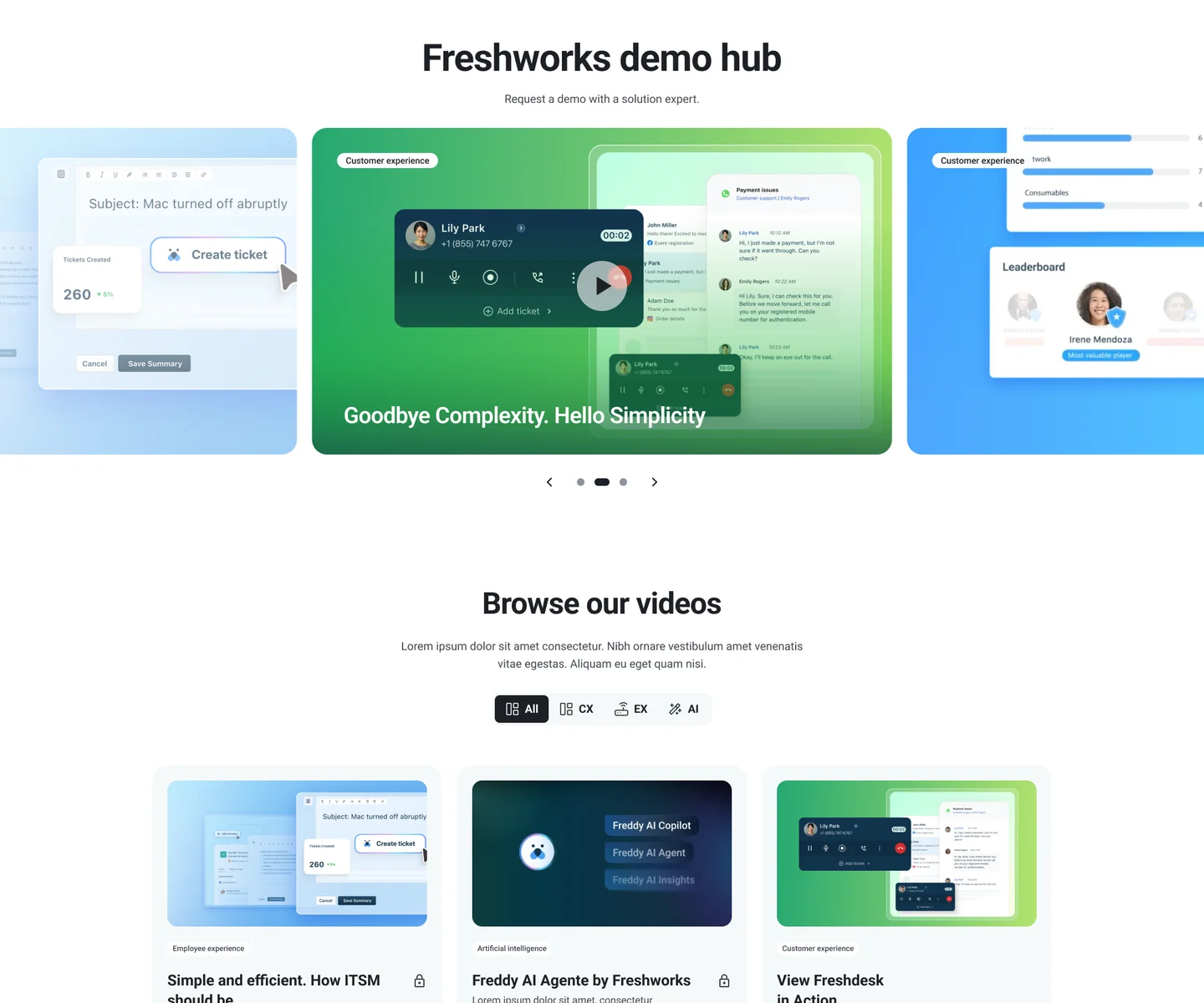 The agency design: a carousel with a headline over the product shot, and a video grid with placeholder copy