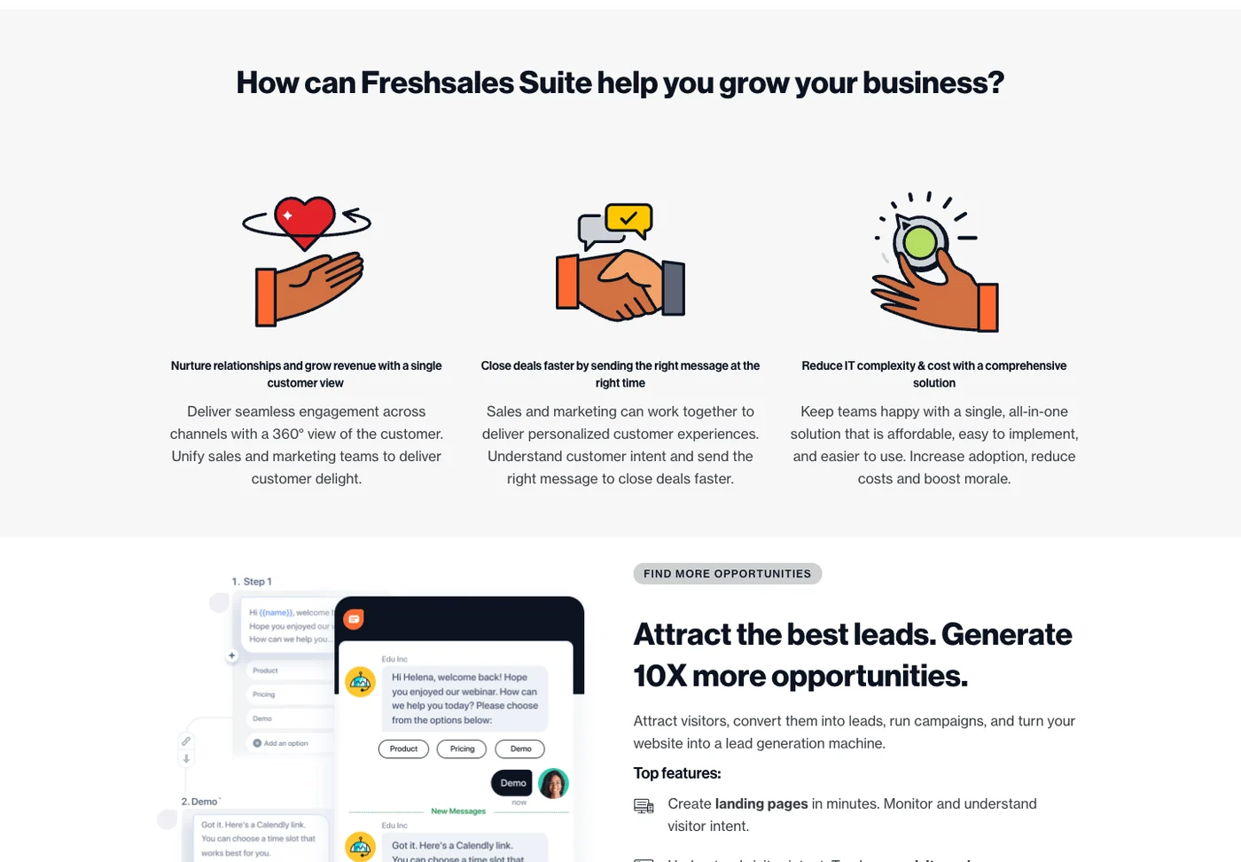 Freshsales Suite in November 2024: three hand illustrations over small, dense feature copy