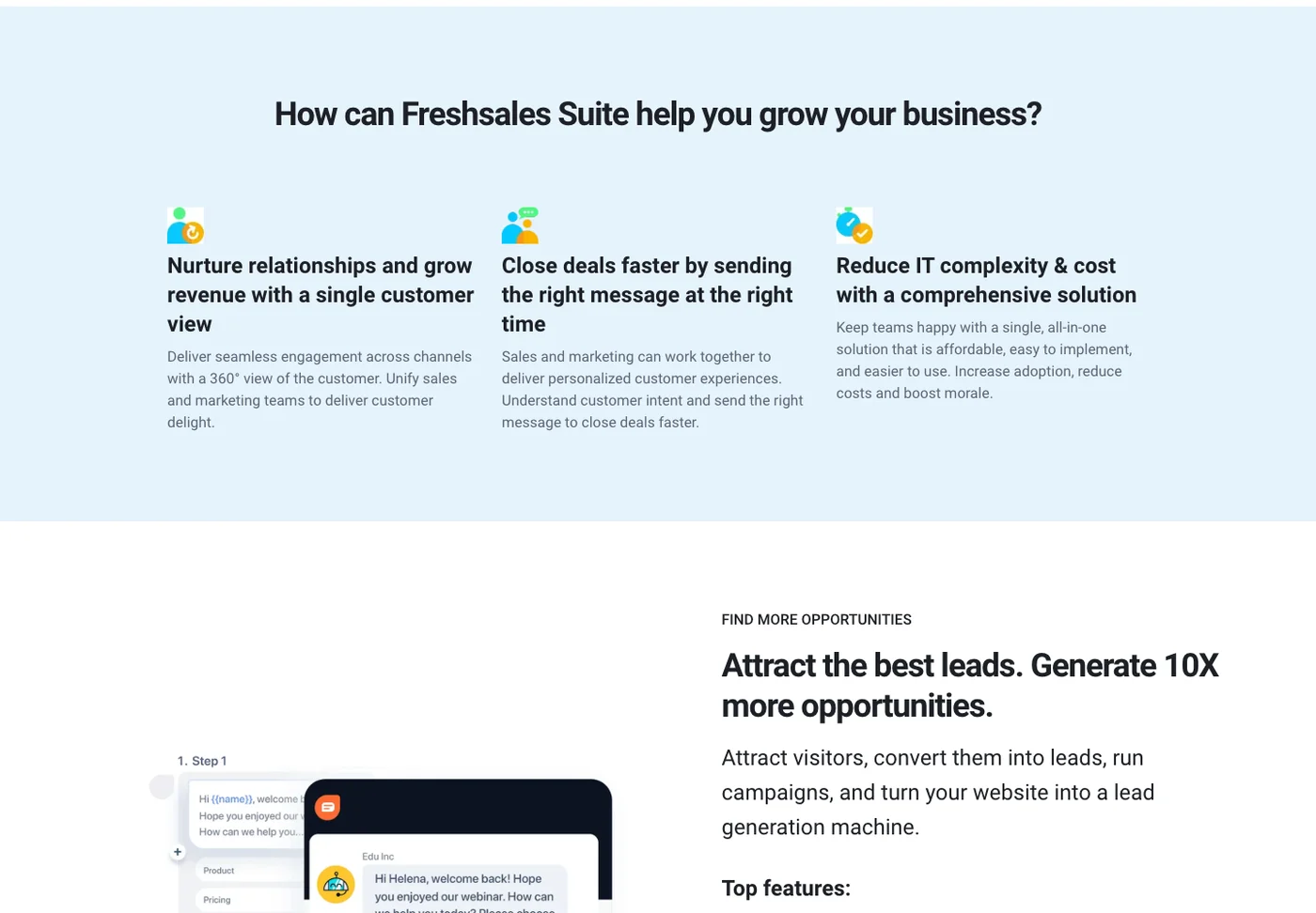 Freshsales Suite live today: the same three benefits with product icons, larger headings and even spacing