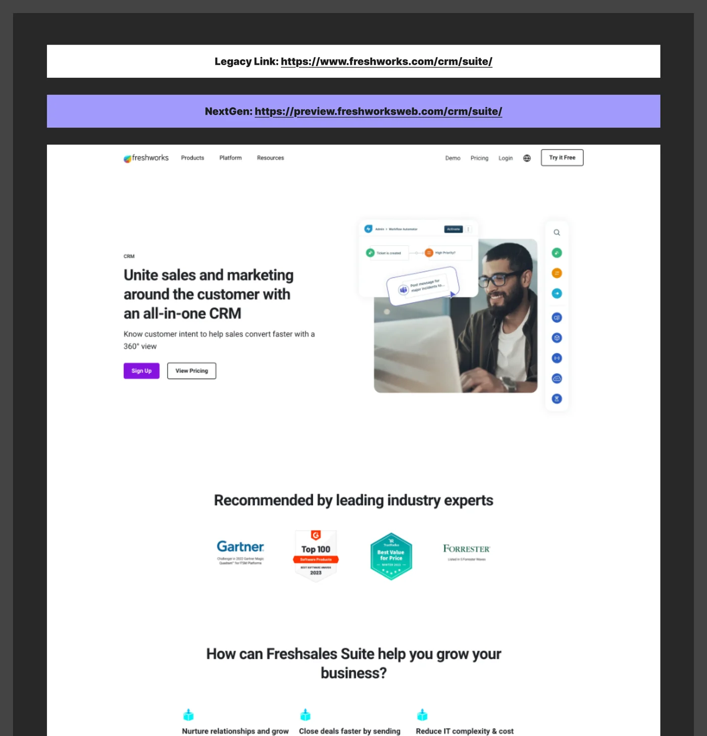 The Freshsales Suite QA frame in Figma: the legacy link, the preview link and a capture of the build