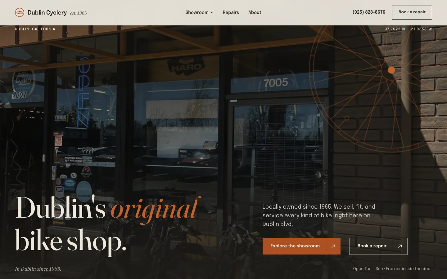Dublin Cyclery homepage: Dublin's original bike shop, over a photo of the storefront